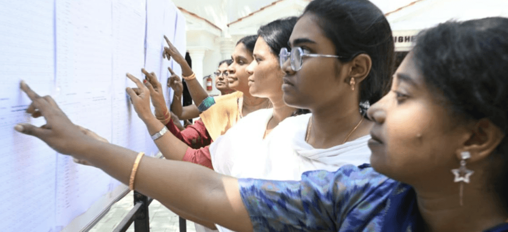 Students and parents checking Tamil Nadu the Class 12 board exam results at a school in Thoothukudi on Thursday